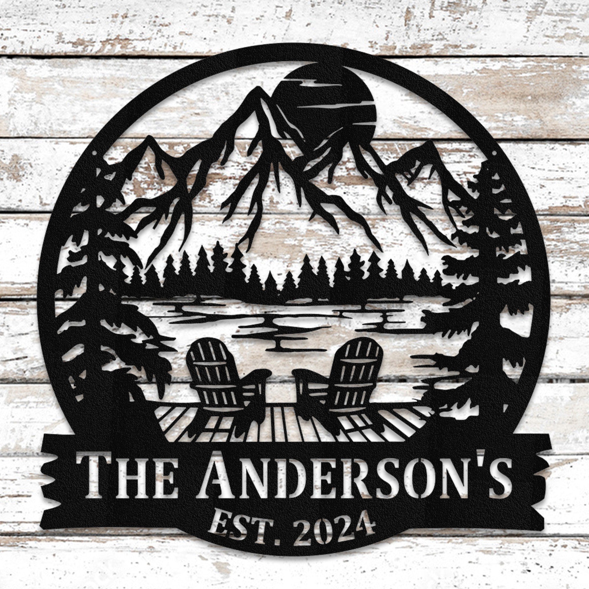 Personalized Lake House Metal Sign: Mountain Sunset Scene Monogram