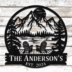 Personalized Lake House Metal Sign: Mountain Sunset Scene Monogram
