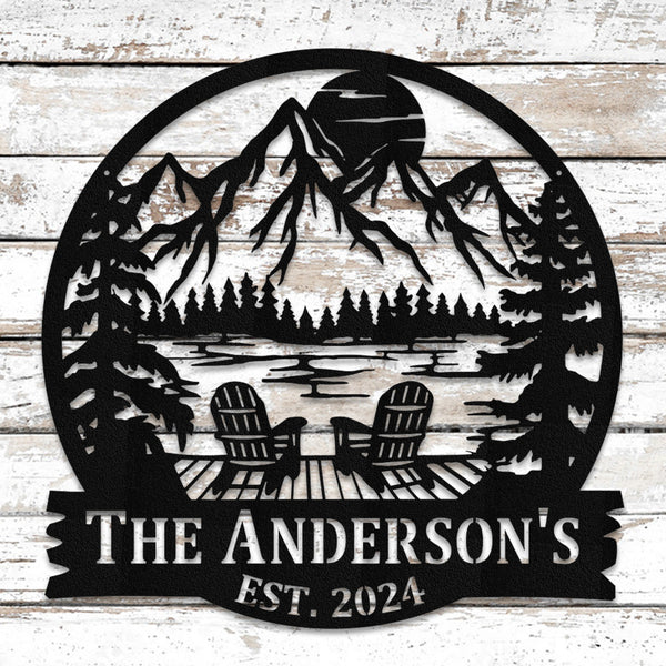 Personalized Lake House Metal Sign: Mountain Sunset Scene Monogram