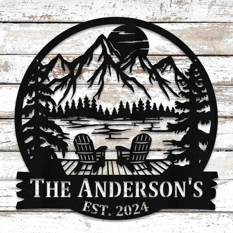 Personalized Lake House Metal Sign: Mountain Sunset Scene Monogram