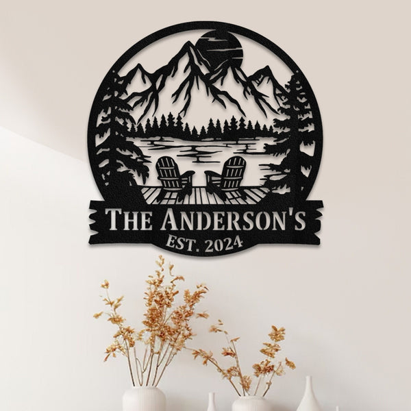 Personalized Lake House Metal Sign: Mountain Sunset Scene Monogram