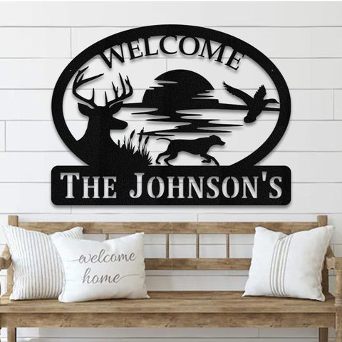 Personalized Metal Deer Family Name Sign: Mountain Scene Monogram
