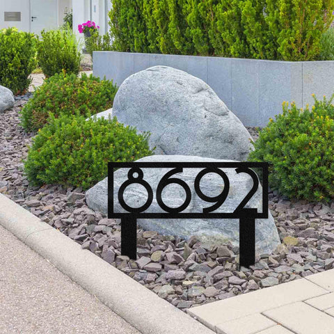 Metal House Number Sign with In-Ground Stakes - Powder Coated Steel