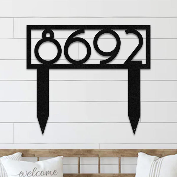 Metal House Number Sign with In-Ground Stakes - Powder Coated Steel