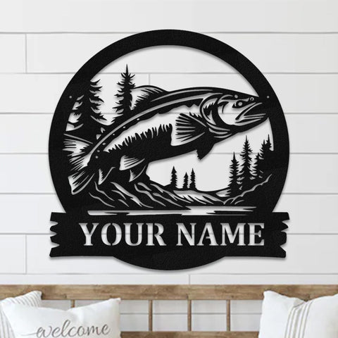 Tree Trout fishing. Lake House Scene Sunset sign Personalized Metal Monogram, Wedding Gift. Family, Outdoor Name Sign,Last Name,Front Door
