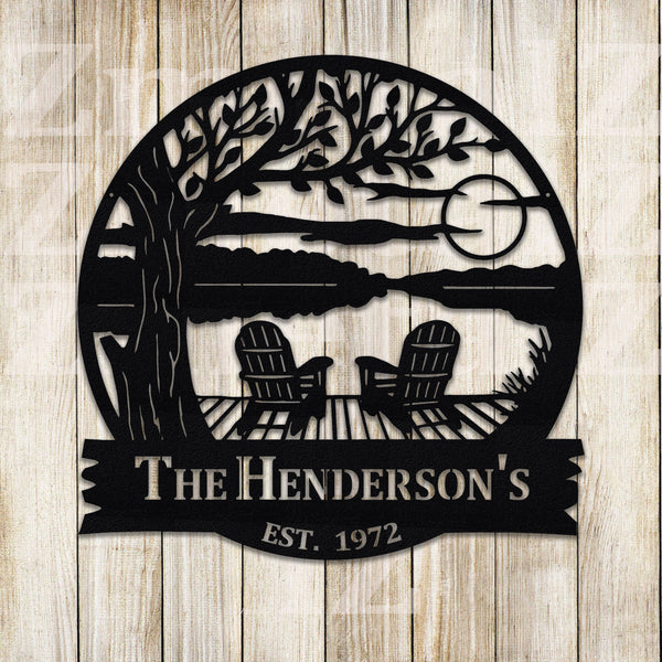 Personalized Lake House Metal Sign: Sunset Dock Scene, Family Name Monogram