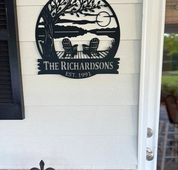 Personalized Lake House Metal Sign: Sunset Dock Scene, Family Name Monogram