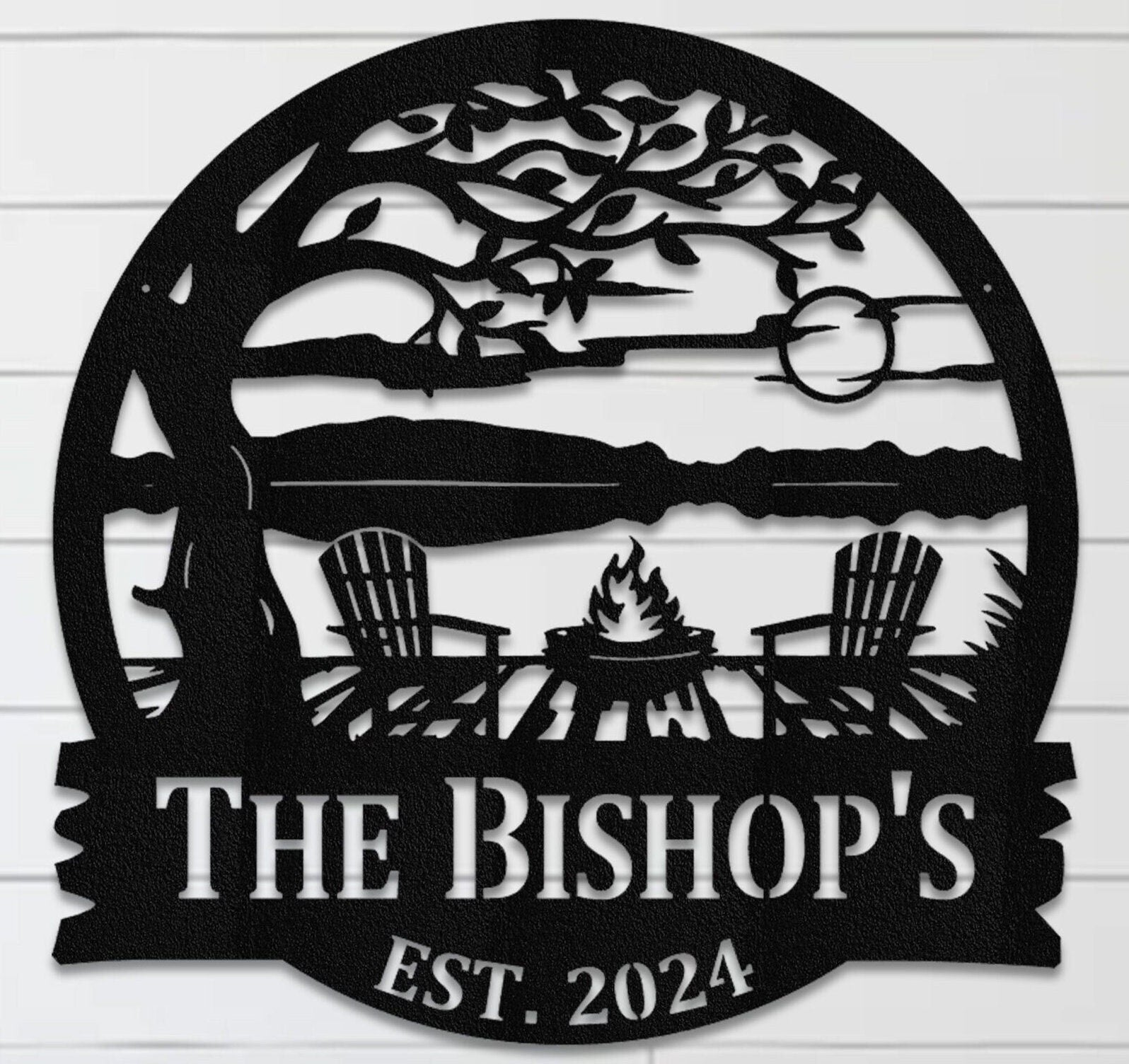 Personalized Lake House Metal Sign: Tree, Chairs, Bonfire Monogram