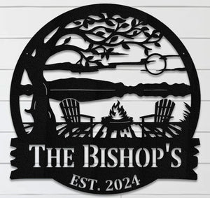 Personalized Lake House Metal Sign: Tree, Chairs, Bonfire Monogram