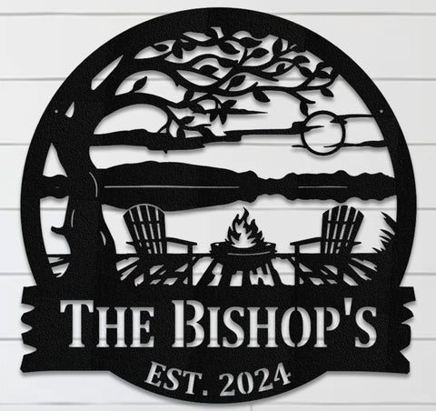 Personalized Lake House Metal Sign: Tree, Chairs, Bonfire Monogram