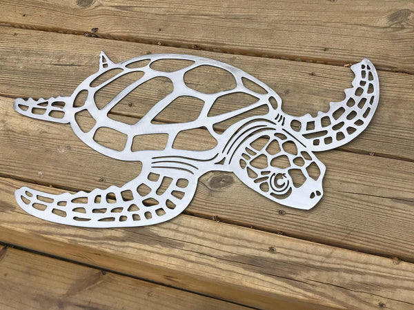 Metal Sea Turtle Wall Art: Hand Ground Steel Beach Decor