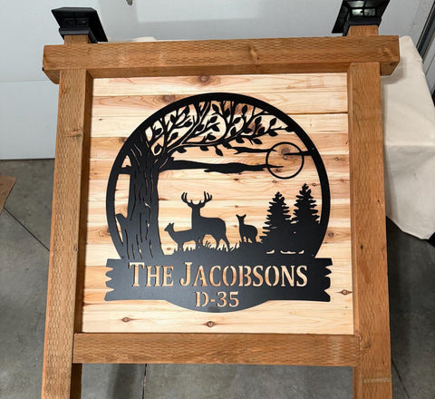 Mountain Deer Tree Scene sign Personalized Metal Monogram, Wedding Gift. Family Name Sign, Outdoor Name Sign, Last Name Sign,Front Door