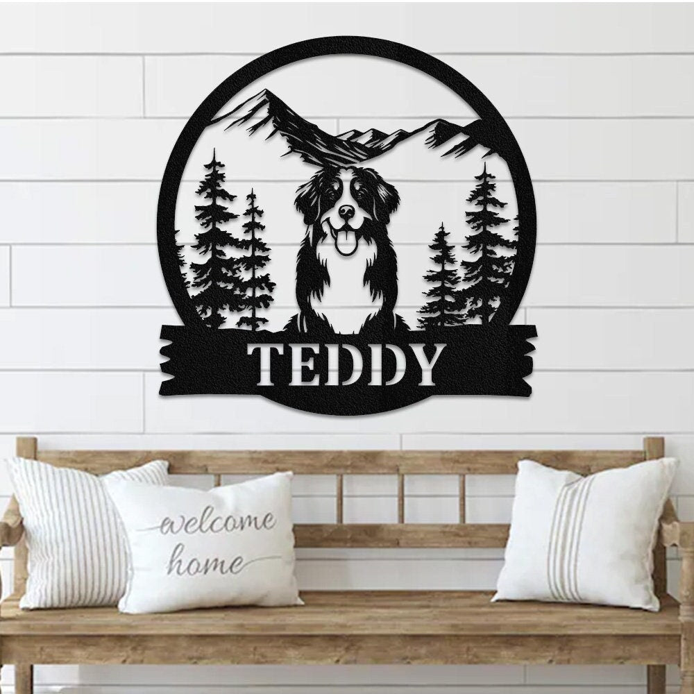Personalized Bernese Mountain Dog Metal Sign: Mountain Scene Monogram