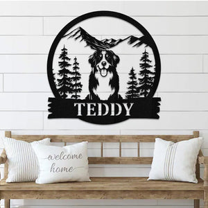 Personalized Bernese Mountain Dog Metal Sign: Mountain Scene Monogram