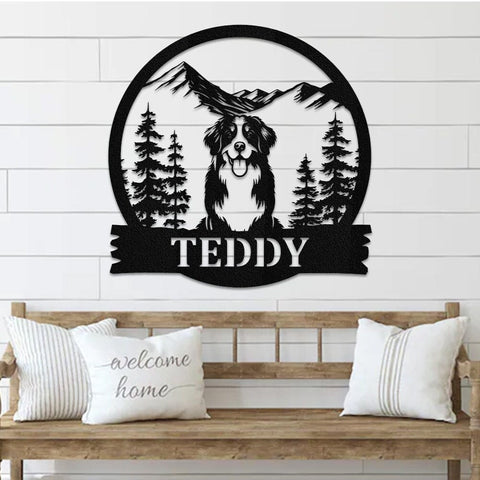 Personalized Bernese Mountain Dog Metal Sign: Mountain Scene Monogram