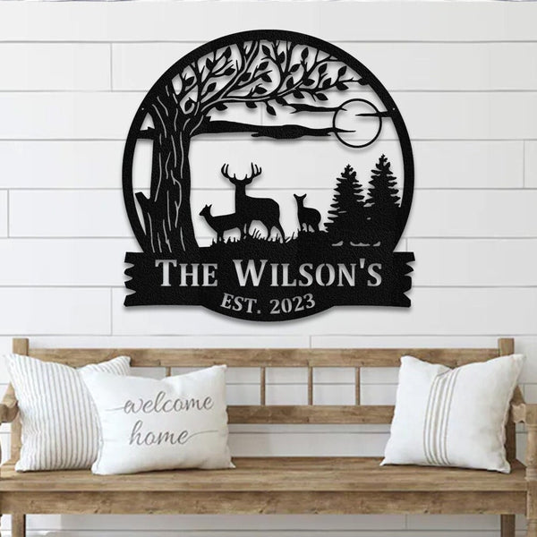 Mountain Deer Tree Scene sign Personalized Metal Monogram, Wedding Gift. Family Name Sign, Outdoor Name Sign, Last Name Sign,Front Door