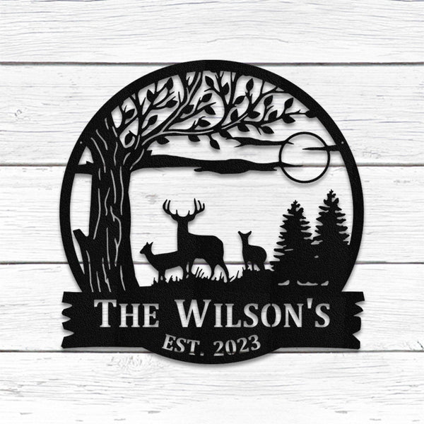 Mountain Deer Tree Scene sign Personalized Metal Monogram, Wedding Gift. Family Name Sign, Outdoor Name Sign, Last Name Sign,Front Door